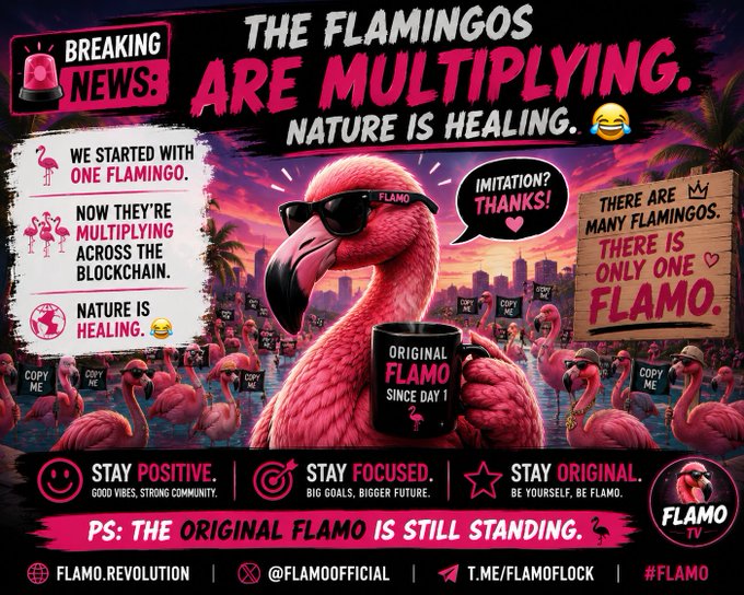 A promotional graphic for the 'FLAMO' memecoin featuring a pink flamingo wearing sunglasses holding an 'ORIGINAL FLAMO SINCE DAY 1' mug, with headlines 'THE FLAMINGOS ARE MULTIPLYING. NATURE IS HEALING' and handles like @FLAMOOFFICIAL and T.ME/FLAMOFLOCK.