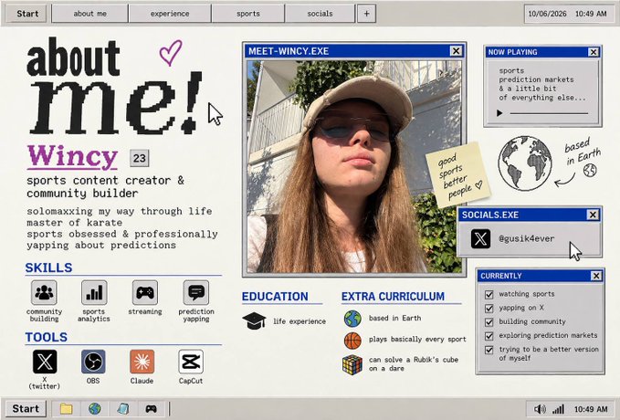 The image displays a Windows 95-style desktop interface serving as a personal "about me" page for Wincy, a sports content creator, featuring pixel-art aesthetics, retro UI windows (like "MEET WINCY.EXE," "NOW PLAYING," "SOCIALS.EXE"), and a photo of the creator wearing a visor and sunglasses. The post's theme about empowering communities to bring creators onchain aligns with the image's playful, retro-tech vibe that highlights Wincy's personal brand, skills, and community-building focus.
