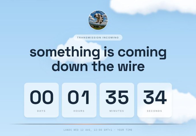 A countdown timer displays "something is coming down the wire" with "TRANSMISSION INCOMING" above it, showing 00 days, 01 hour, 35 minutes, and 34 seconds remaining until the event "LANDS WED 12 AUG, 12:00 GMT+1 · YOUR TIME," aligning with the post's announcement of a gDOW reveal happening at 12pm UTC+1.