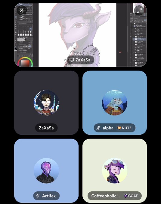 A social/streaming interface showing user 'ZaXaSa' with an avatar being drawn in digital art software, alongside other users including alpha (NUTZ), Artifex, and Coffeeoholic (GOAT).