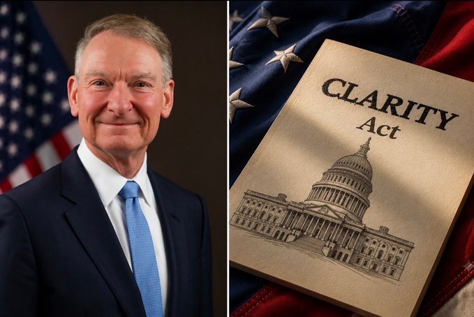 A split image featuring a man in a suit next to the U.S. flag on the left, and a document titled 'CLARITY Act' with an illustration of the U.S. Capitol on an American flag background on the right.
