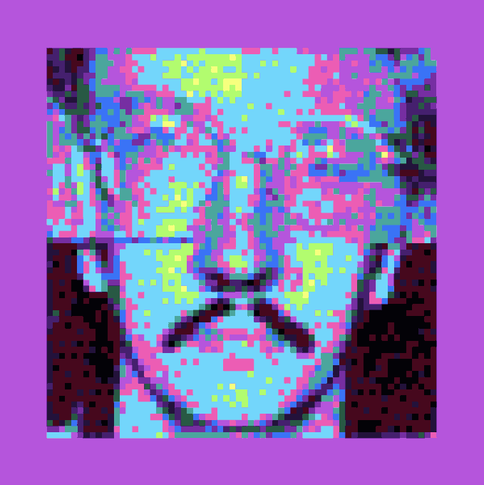 A heavily pixelated, glitch-art style image with bright pink, cyan, green, and purple colors appearing to depict a face or portrait against a purple background.