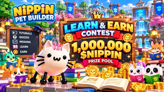A colorful promotional graphic for “Nippin Pet Builder” shows the title “LEARN & EARN CONTEST” with “1,000,000 $NIPPIN PRIZE POOL,” alongside a menu listing “TUTORIALS,” “QUIZZES,” “MISSIONS,” “LEARN,” and “EARN.” The image features cartoon pets, stacks of books and gold coins, and a study-themed setting; it does not display a specific number of pets built per launch.