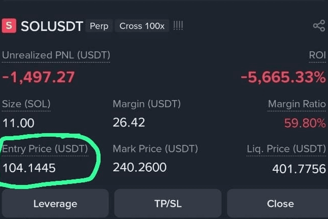 A trading interface showing a SOLUSDT perpetual position with a 100x cross leverage, displaying an entry price of 104.1445 USDT (circled in green), mark price of 240.26, and an unrealized loss of -1,497.27 USDT (-5,665.33% ROI).