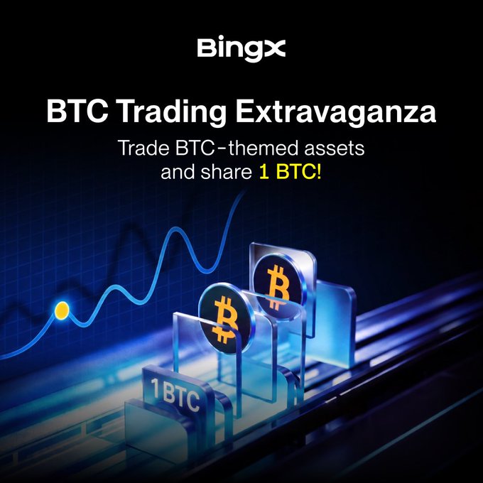A promotional graphic for BingX's "BTC Trading Extravaganza" featuring glowing Bitcoin symbols on a rising chart with text announcing a 1 BTC prize pool for trading BTC-themed assets. The image visually reinforces the campaign's focus on BTC trading rewards highlighted in the post.
