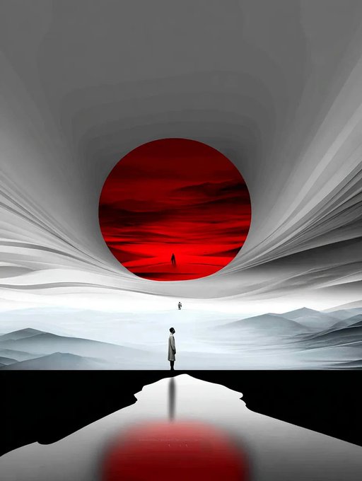 A lone figure stands gazing up at a massive, ominous red sun hovering over a barren landscape, with two other tiny figures in the distance, while their reflection shimmers in a dark pool below. The haunting, surreal imagery echoes the contemplative question posed in the post, "But are you really still here?", inviting viewers to reflect on existence and presence amid an otherworldly scene.