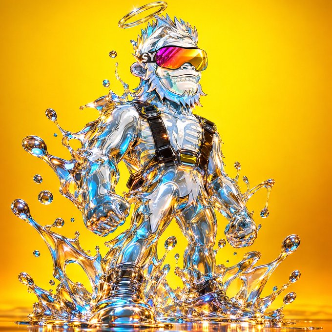 A chrome-like gorilla character wearing ski goggles with a halo above its head is splashing through water against a yellow background.