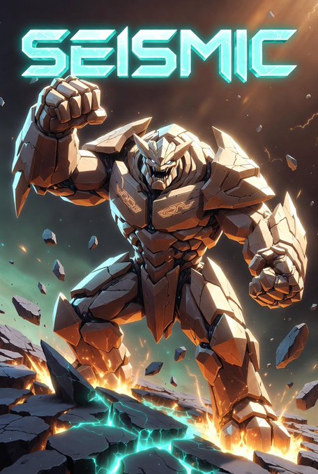 The image features a large robot with its arms raised up, standing on a rock formation that looks like a volcano. The robot appears to be made of stone or metal and has a futuristic design. The background of the image is dark and filled with smoke, giving the impression of an active volcanic eruption. The caption below the image reads "Let'S talk about Seismic @SeismicSys from scratch. Seismic is a Privacy-Enabled Layer 1 Blockchain where all data is encrypted by default global state, memory, and execution. Built for fintech & real-money apps, keeping stablecoins, payments, and compliance private".