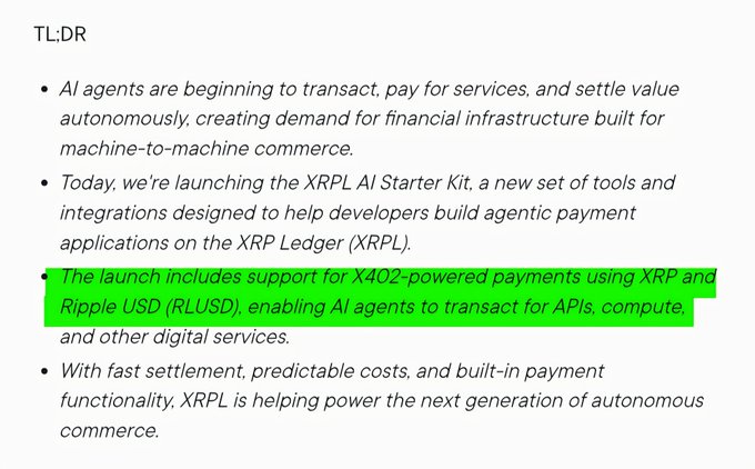 The image shows a white background with green text that reads "TLDR" at the top, followed by bullet points explaining the purpose of an automated payment system called XRPL (XRP Power). The text also mentions that this system can be used for payments using $XRP and other digital services.