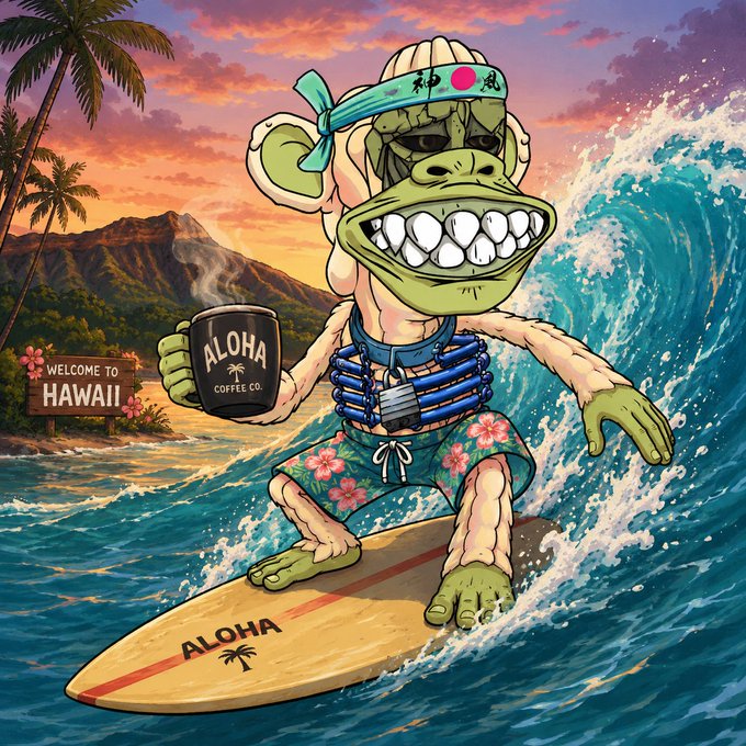 A cartoon monkey character surfs a wave while holding an "ALOHA COFFEE CO." mug, with a "WELCOME TO HAWAII" sign in the background and "ALOHA" written on the surfboard. The image ties into the "GM to everyone who GMs" post by visually representing a laid-back, tropical "good morning" vibe, fitting the playful, bullish energy of encouraging NFT community members to share positive greetings.