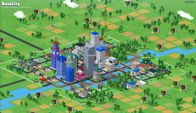 Isometric view of 'BaseCity,' a blockchain-based city-building simulator showing a virtual city with skyscrapers, roads, trees, and waterways on a green grid.