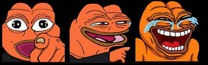 The image shows three orange Pepe the Frog meme faces displaying expressions ranging from shocked anticipation to nervous laughter to hysterical crying tears of joy, visually representing the ironic transition from excitement about holding worthless NFTs/points to forced optimism about a vague "pivot." This mirrors the post's mocking tone about a shutdown on the Monad testnet and the laughable reassurance that the founder is "pivoting."