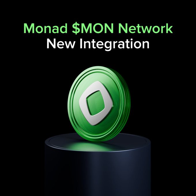 A 3D green coin featuring a white diamond/hexagon logo sits on a dark pedestal against a black background, with the text "Monad $MON Network New Integration" displayed above. The image visually represents the announcement of new native deposit and withdrawal support for the $MON token on the Uphold platform.
