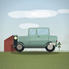 A cartoon illustration of a vintage green truck parked in a grassy field next to a red barn, with license plate '0531'.