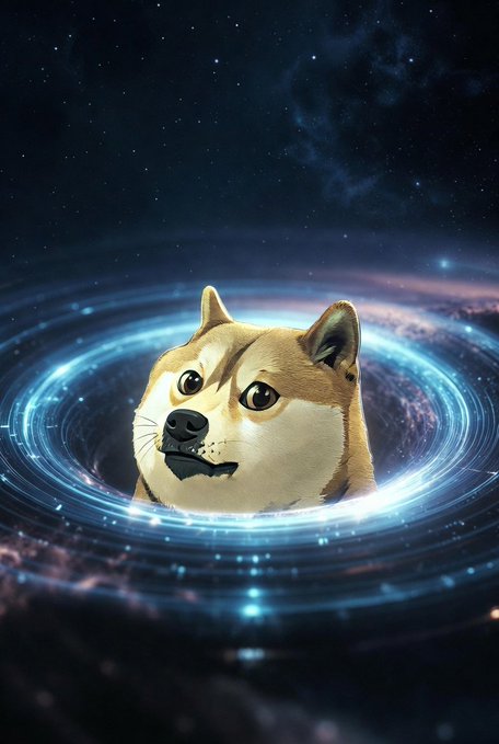 A Shiba Inu dog (Doge) head emerging from a glowing blue sci-fi portal or wormhole in space.