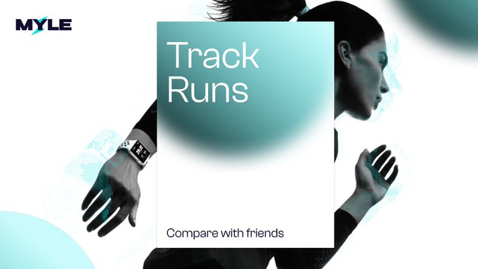 The image features a woman running while wearing a watch that says "myle" on her wrist. The background of the image is white with blue circles scattered throughout, giving it an artistic feel. Below the woman's photo, there is text that reads "Track Runs", and below this, another line of text that says "Compare with friends".