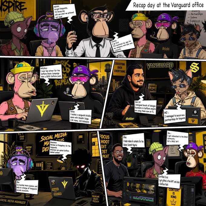 A colorful comic-style illustration titled 'Recap day at the Vanguard office' featuring various cartoon monkey and alien characters (Bored Ape style) discussing business topics like NFT collaborations and Solana exposure across multiple panels.
