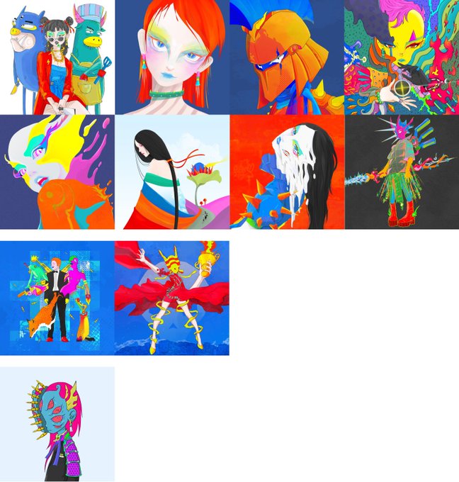 A collage of ten colorful, stylized digital art illustrations featuring various characters with vibrant hair and artistic designs.