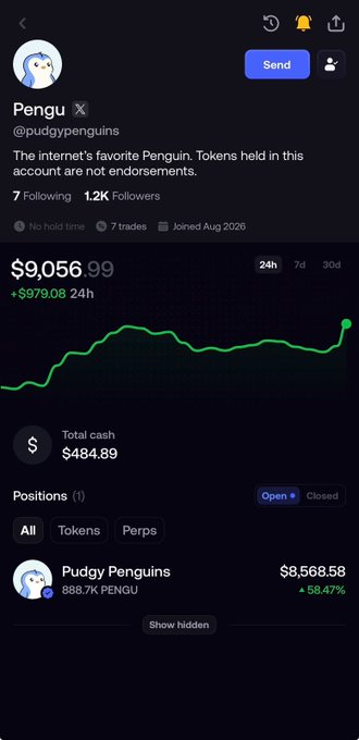 A screenshot of a trading profile for 'Pengu' (@pudgypenguins) showing a portfolio value of $9,056.99 (up $979.08 in 24h), with a position of 888.7K PENGU tokens worth $8,568.58.