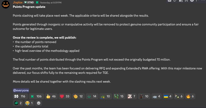 A Discord message from Jixpiox in the XTND channel announces a Points Program update, stating that points slashing will occur next week, with results to include the number of points removed, updated totals, and methodology overview, ensuring the final distribution won't exceed 70 million points while the team focuses on delivering RFQ and expanding RWA offerings ahead of the Extended TGE.