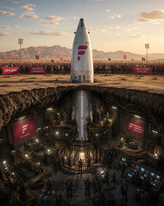 A Flare promotional image showing a rocket launch with crowds holding signs reading "GO FLARE!", "THE FUTURE IS FLARE", and "WE BUILD TOMORROW", alongside a cross-section view of the underground launch facility.