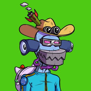 An illustration of a robotic character with a cowboy hat, binoculars, and a small mouse on its shoulder against a green background.