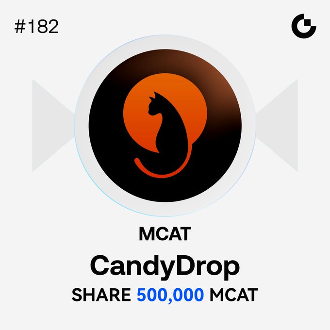 A circular black and orange MCAT logo featuring a cat silhouette is displayed on a light gray background, with "#182" in the top left and the "CandyDrop" title below, indicating a 500,000 MCAT sharing pool as part of the MCAT CandyDrop referral event.