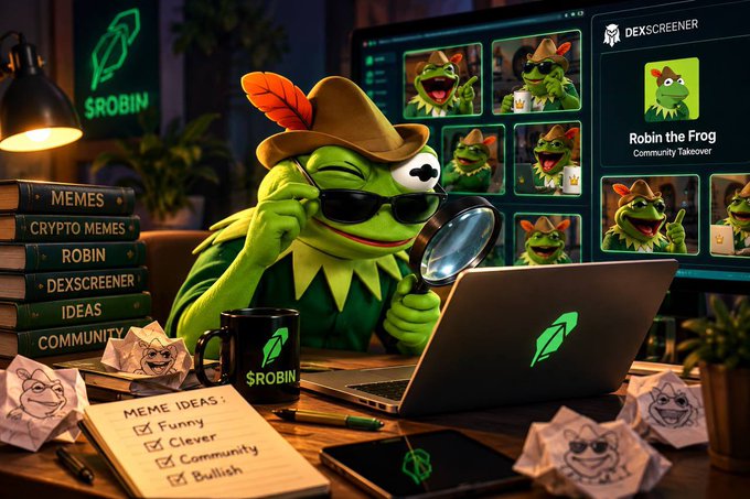 An AI-generated illustration of a green frog character wearing a cowboy hat and sunglasses, using a magnifying glass at a desk with a laptop branded '$ROBIN', alongside books labeled 'MEMES', 'CRYPTO MEMES', and 'ROBIN'.