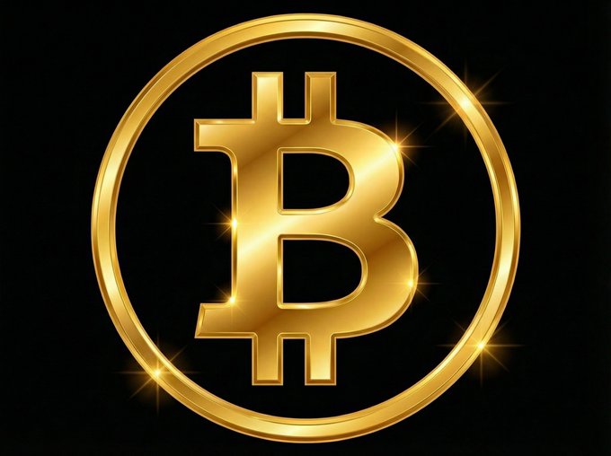 A gleaming golden Bitcoin symbol with the iconic "₿" letter encircled within a polished ring, set against a black background. The image visually represents the post's contemplation of Bitcoin's potential role in an agentic future, serving as a tangible emblem of programmable scarcity or "agentic gold."