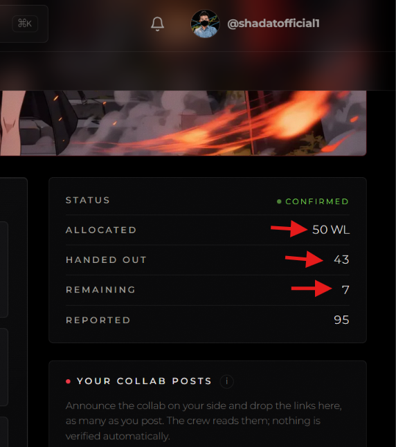 The image shows a screenshot from @shadatofficia1 displaying a giveaway dashboard with a "CONFIRMED" status, highlighting that 50 WL were allocated, 43 were handed out, and 7 remain available—directly matching the post's announcement of 7 remaining WL spots available for the giveaway.