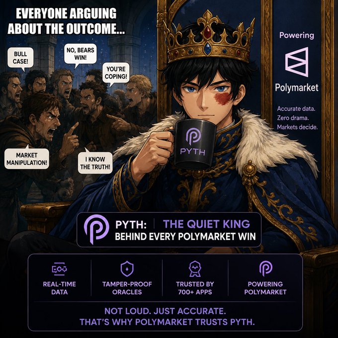 The image features an illustration of a man dressed as a king wearing a crown and holding a cup with a logo for Pyth Network. The text in the image includes phrases such as "Everyone arguing about the outcome.", "No bears in market," and "I know the truth". These phrases are related to the content of the post on social media platforms or other online spaces where people discuss various topics.