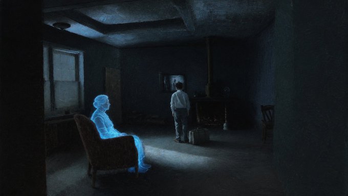 A moody, dimly lit painting showing a person standing in a shadowy room, observing a glowing blue, translucent figure sitting in an armchair.