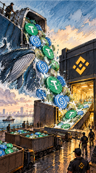 A surreal digital illustration shows massive containers of USDT (Tether) and USDC stablecoin tokens spilling out like a waterfall at an industrial port, accompanied by a whale.