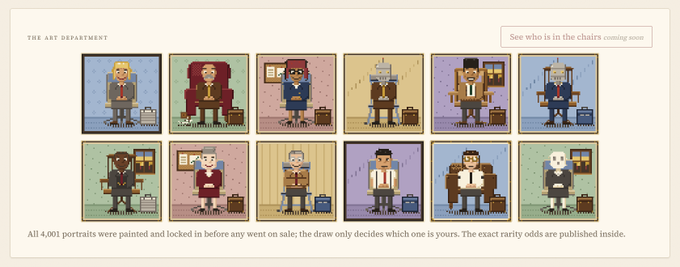 A webpage titled 'THE ART DEPARTMENT' showing a grid of 12 pixel-art portraits of various business figures, with text stating 'All 4,001 portraits were painted and locked in before any went on sale; the draw only decides which one is yours. The exact rarity odds are published inside.'