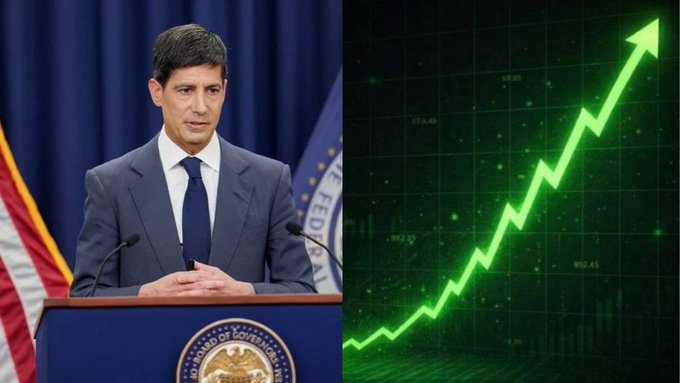 A split image showing a Federal Reserve official at a podium beside a green upward-pointing stock chart arrow indicating market gains.