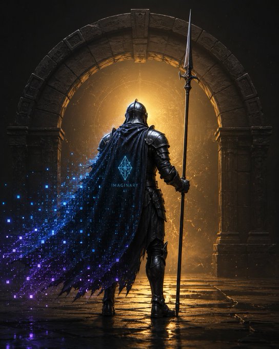 A digital artwork of an armored knight holding a spear, standing in a stone archway with a glowing golden background and a purple particle-effect cape bearing the 'IMAGINARY AI' logo.