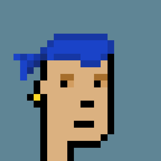 A pixel art illustration of a character with bright blue hair, tan skin, and a yellow earring, depicted in a blocky, retro video game style against a gray background.