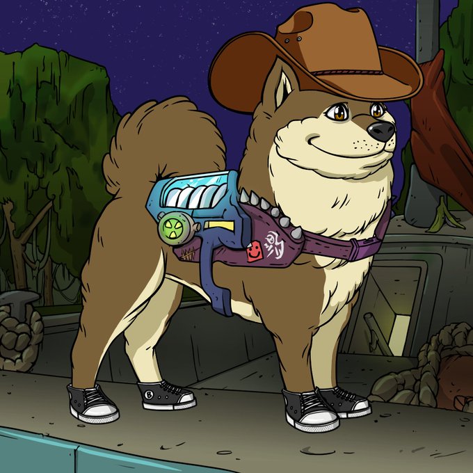 A cartoon illustration of a Shiba Inu dog wearing a brown cowboy hat, sneakers, and a futuristic blue and purple harness device, standing outdoors at night.