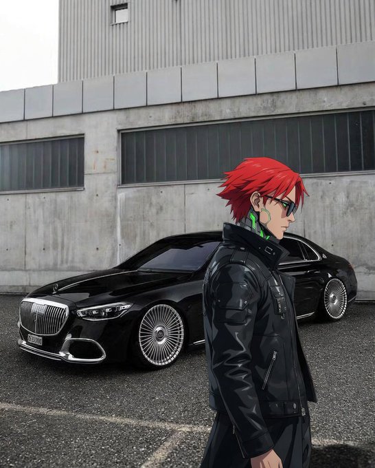 An anime-style character with red hair and a black leather jacket stands in profile next to a black luxury sedan.