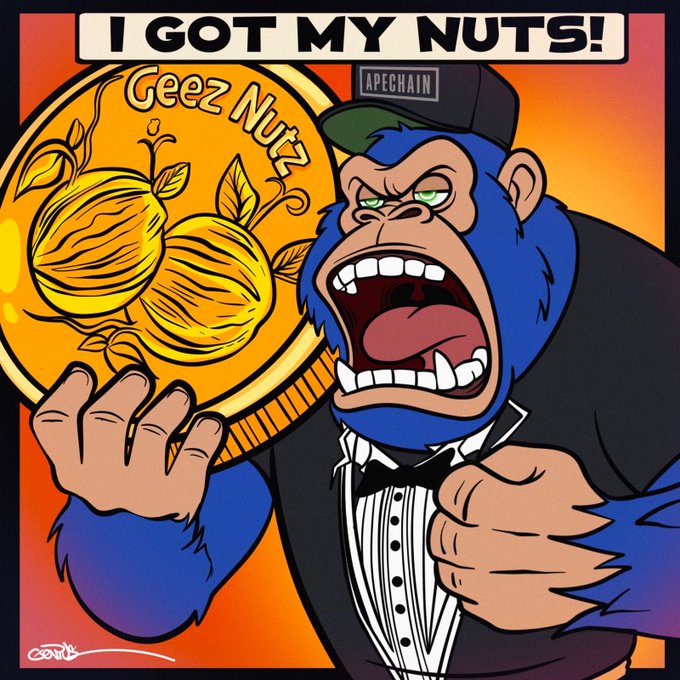 A vibrant cartoon illustration of an angry blue gorilla in a tuxedo and 'APECHAIN' cap yelling 'I GOT MY NUTS!' while holding a large gold coin labeled 'Geez Nutz' featuring lemons.