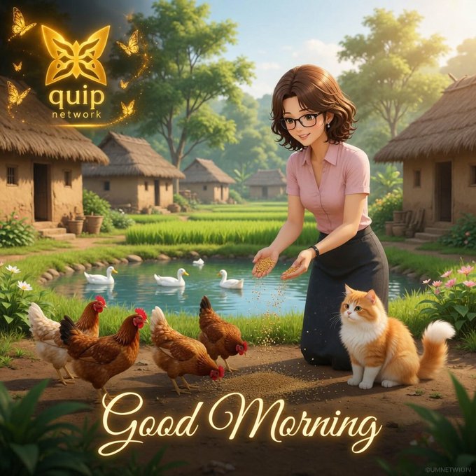 A 'Good Morning' illustration for the Quip Network featuring a woman in glasses feeding chickens, with ducks and a cat nearby, set in a rural village scene.