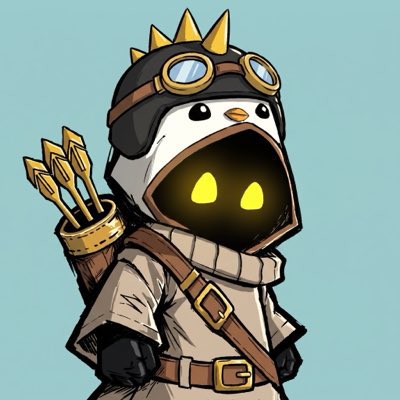 Digital illustration of an anthropomorphic penguin character dressed as an archer, wearing goggles with spikes on top, a hooded outfit, and carrying a quiver of golden arrows.