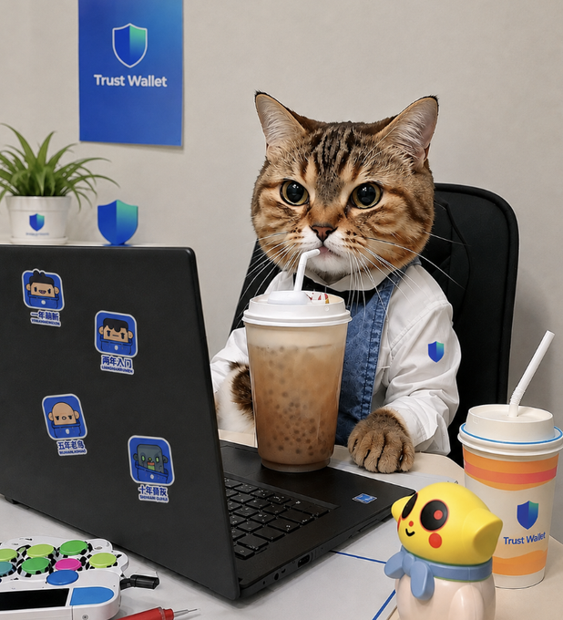 A tabby cat dressed in a white shirt sits at a desk sipping bubble tea from a straw, surrounded by Trust Wallet branding including a blue "Trust Wallet" poster and logo-adorned cups. The "outsourced assistant" joke plays on the cat's cool, focused demeanor—appearing attentive with its drink—while the laptop covered in stickers and the relaxed office setting humorously suggest a feline employee who looks competent but is really just lounging with bubble tea.