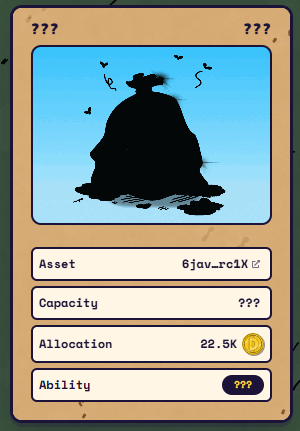 A digital trading card with '???' displayed in the corners and a silhouetted figure on a blue background, listing Asset '6jav-rc1x', Capacity '???', Allocation '22.5K', and Ability '???'