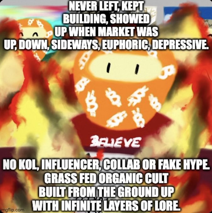 A meme featuring a Bitcoin-themed cartoon character wearing a red shirt that reads "BELIEVE" amid flames, with text celebrating "Believeye" as a grassroots crypto project that remained loyal through all market conditions without influencer hype.