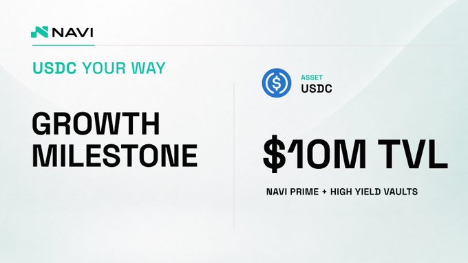 A promotional graphic for 'NAVI' announces a 'GROWTH MILESTONE' reaching '$10M TVL' for 'NAVI PRIME + HIGH YIELD VAULTS' with USDC assets.