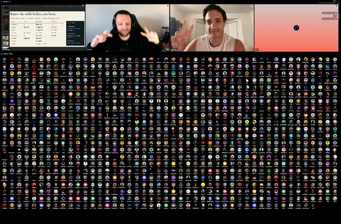 A screenshot showing two men on video call at the top with a massive grid of hundreds of colorful NFT avatar icons displayed below them.