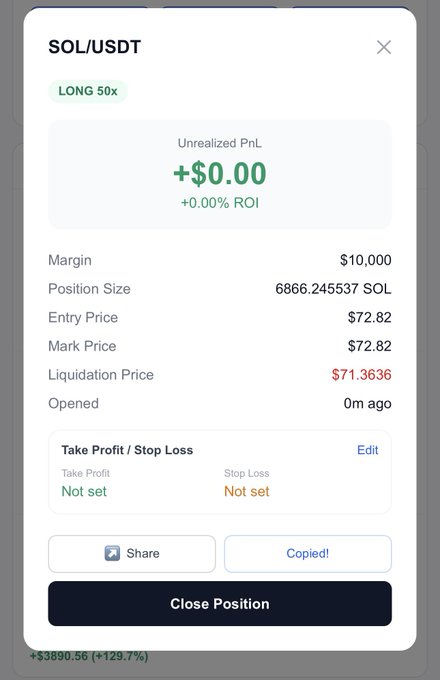 A trading interface displays a SOL/USDT long position with 50x leverage, showing $10,000 margin, an entry/mark price of $72.82, a liquidation price of $71.3636, and 6866.24 SOL position size. The screen includes "Share" and "Copied!" buttons, aligning with the post's promotion of a copy-trade link for a leveraged Solana long.