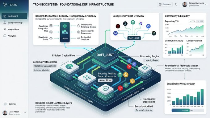 Screenshot of a TRON dashboard titled 'TRON ECOSYSTEM: FOUNDATIONAL DEFI INFRASTRUCTURE' displaying a 3D infographic of the DeFi_JUST protocol with components like dApps, lending protocol core, and asset flow, alongside TVL and community activity charts.