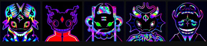 Five neon-style glowing character illustrations featuring vibrant pink, blue, green, and yellow colors with various stylized facial designs.